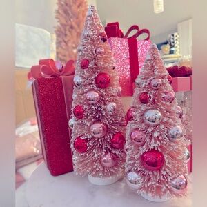 Retro Bauble Pink Bottle Brush Trees, Set of 2! RAZ New in box.